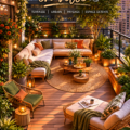 Un rooftop aménagé avec des plantes et des meubles confortables, offrant une vue splendide sur la ville.