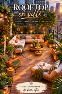 Un rooftop aménagé avec des plantes et des meubles confortables, offrant une vue splendide sur la ville.