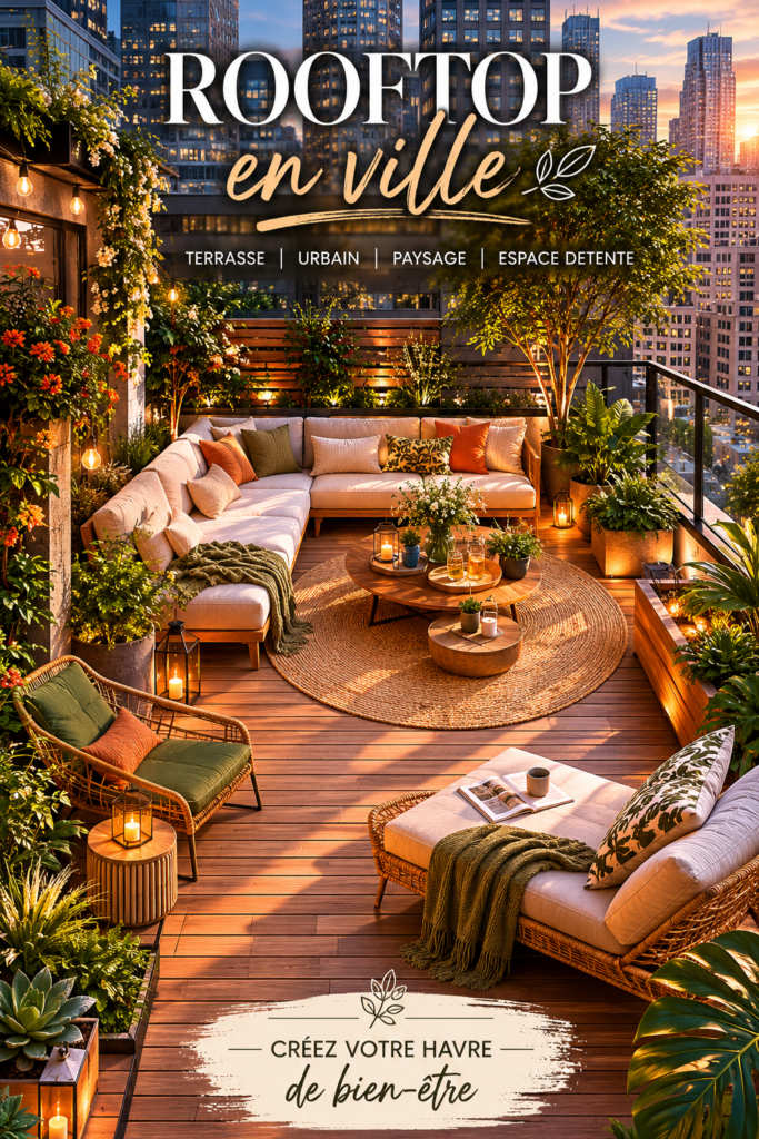 Un rooftop aménagé avec des plantes et des meubles confortables, offrant une vue splendide sur la ville.