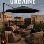 Terrasse urbaine élégamment décorée avec des plantes et des meubles confortables.