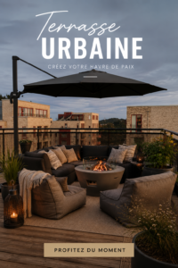 Terrasse urbaine élégamment décorée avec des plantes et des meubles confortables.