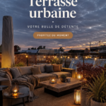 Une belle terrasse urbaine décorée avec des plantes et des fauteuils confortables