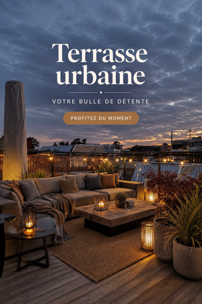 Une belle terrasse urbaine décorée avec des plantes et des fauteuils confortables