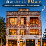 Un espace de vie dans un appartement industriel réaménagé de 102 ans montrant ses caractéristiques vintage et modernes.