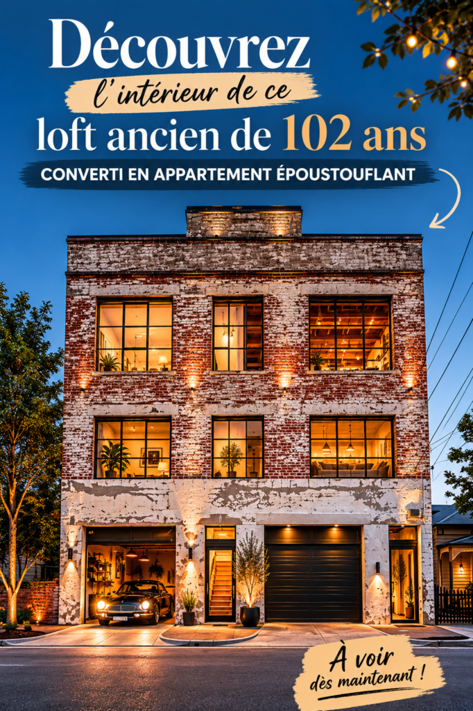 Un espace de vie dans un appartement industriel réaménagé de 102 ans montrant ses caractéristiques vintage et modernes.