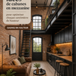 Intérieur d'une cabane loftée bien aménagée avec des espaces de rangement verticaux