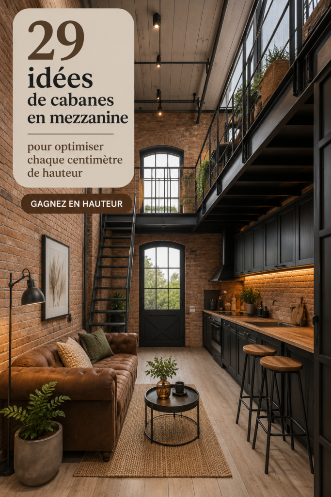 Intérieur d'une cabane loftée bien aménagée avec des espaces de rangement verticaux