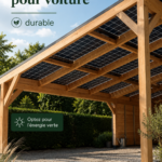 Carport solaire moderne abritant un véhicule, avec panneaux solaires intégrés.