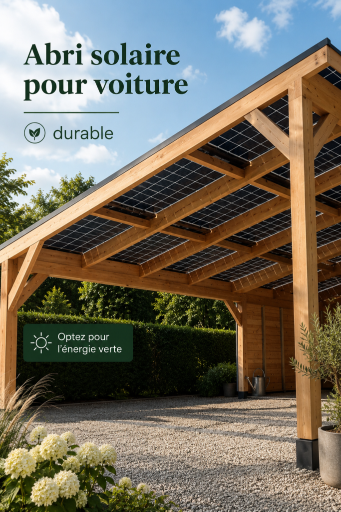 Carport solaire moderne abritant un véhicule, avec panneaux solaires intégrés.