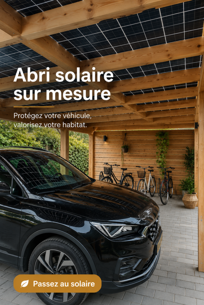 Un carport solaire sur mesure protègent une voiture dans un jardin moderne.