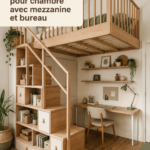 Une chambre compacte avec une mezzanine et un coin bureau bien aménagé, alliant confort et style.