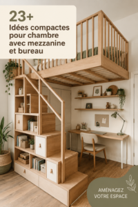 Une chambre compacte avec une mezzanine et un coin bureau bien aménagé, alliant confort et style.