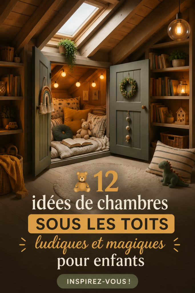 Chambre sous les combles joliment aménagée pour enfants, avec des couleurs vives et un coin lecture.