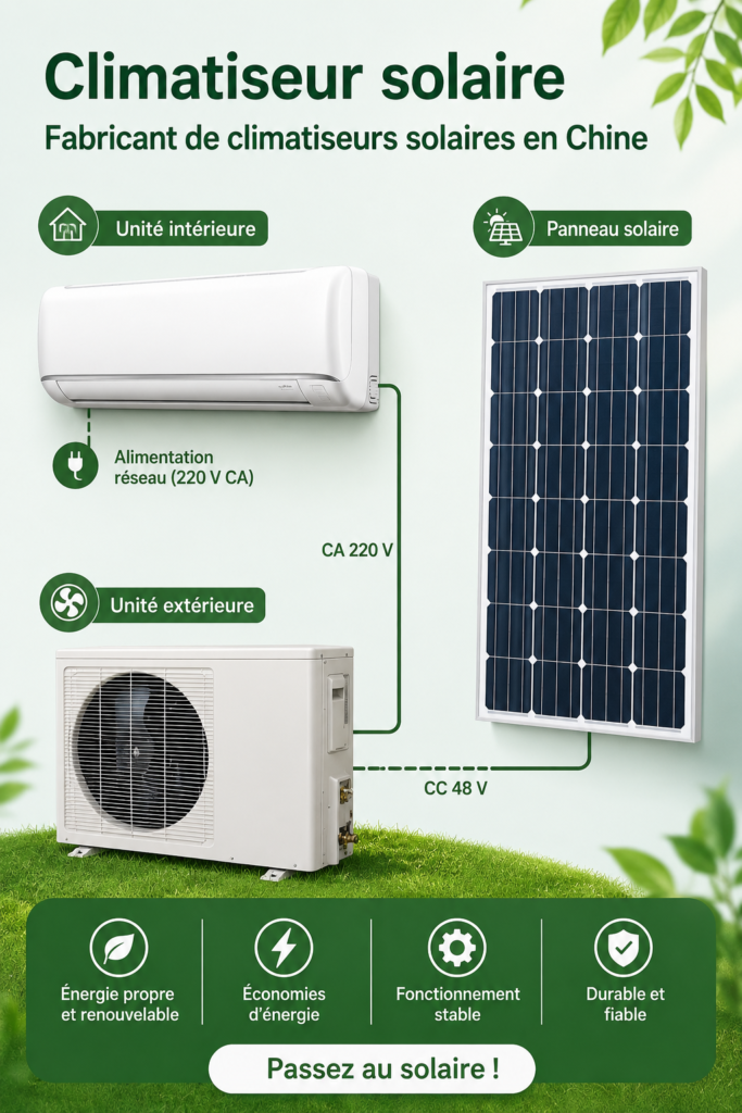 Climatiseur solaire installé sur une maison, utilisation de l'énergie solaire pour la climatisation.