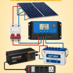 Schéma illustratif de connexion de panneaux solaires avec onduleur et contrôleur de charge.