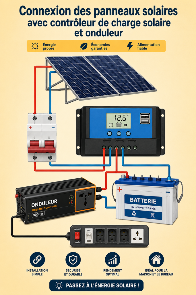 Schéma illustratif de connexion de panneaux solaires avec onduleur et contrôleur de charge.