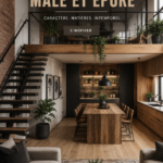 Un loft au design masculin avec des éléments industriels et un mobilier en bois chaleureux.