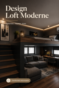 Un salon moderne au style loft, avec des murs en briques apparentes et un mobilier design.