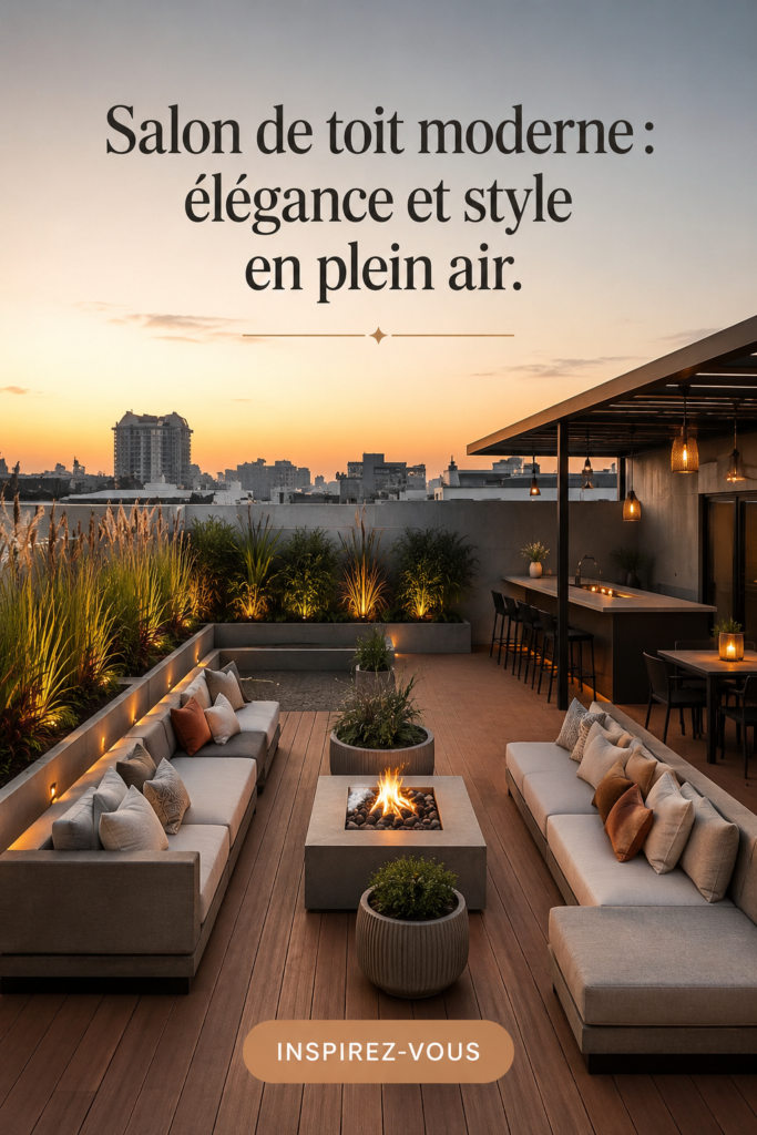 Un élégant lounge extérieur moderne avec canapés confortables et plantes décoratives.