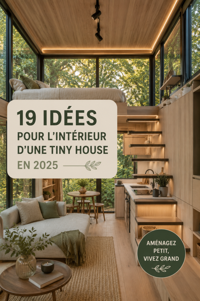 Intérieur cosy d'une tiny house avec des éléments de décoration modernes.