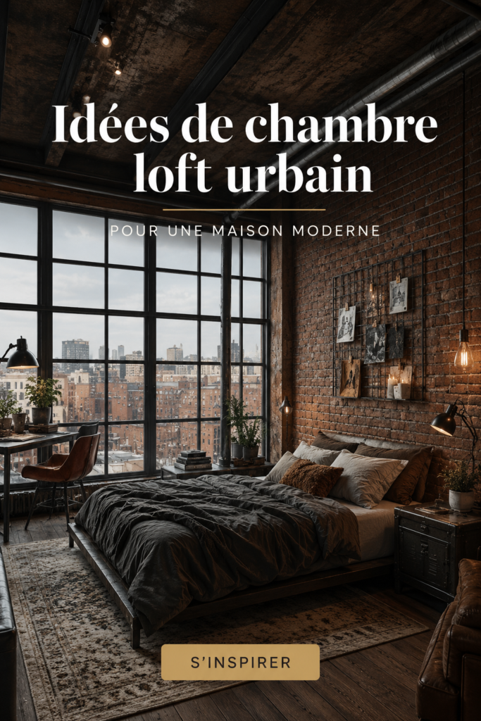 Chambre moderne décorée dans un style loft urbain avec des éléments en métal et des murs en briques.