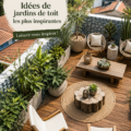 Un jardin sur toiture luxuriant avec des plantes variées et un espace détente.
