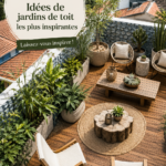 Un jardin sur toiture luxuriant avec des plantes variées et un espace détente.