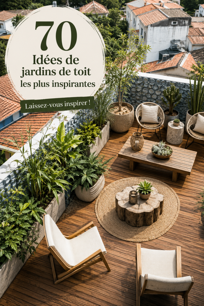 Un jardin sur toiture luxuriant avec des plantes variées et un espace détente.