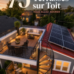 Terrasse sur le toit avec des plantes et des sièges confortables offrant une vue panoramique