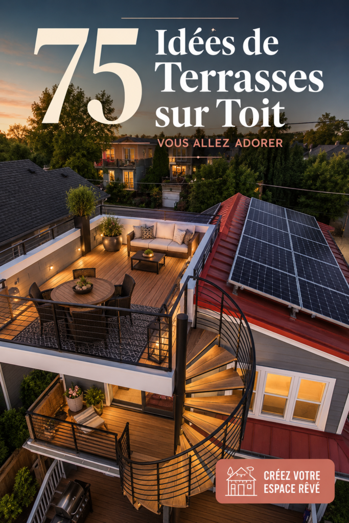 Terrasse sur le toit avec des plantes et des sièges confortables offrant une vue panoramique
