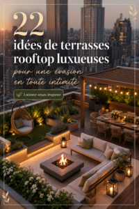 Une élégante terrasse de toit avec des fauteuils confortables et des plantes luxuriantes.