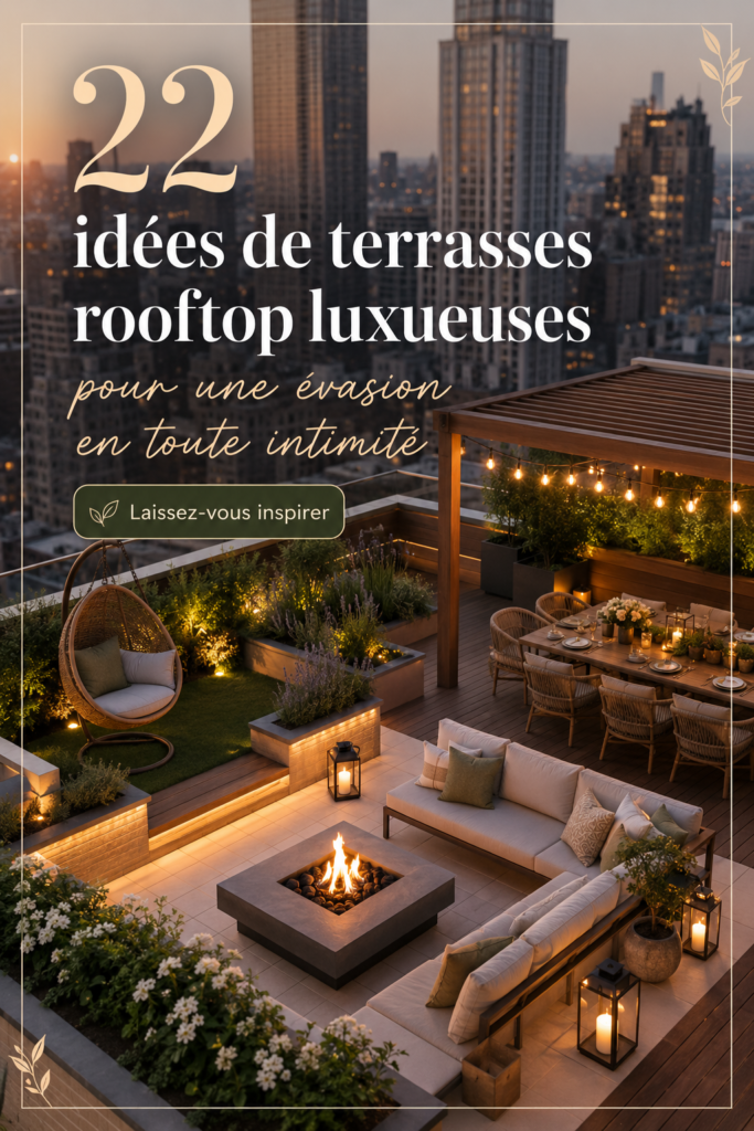 Une élégante terrasse de toit avec des fauteuils confortables et des plantes luxuriantes.