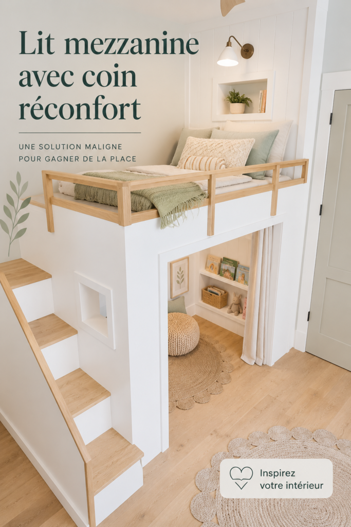 Un lit en hauteur bien aménagé dans un loft moderne, créant un espace cosy et pratique.