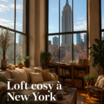 Intérieur d'un loft cosy à New York avec vue sur l'Empire State Building.