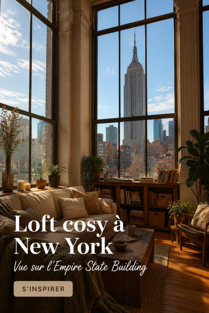 Intérieur d'un loft cosy à New York avec vue sur l'Empire State Building.