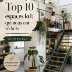 Intérieur moderne d'un loft avec de grandes fenêtres et des poutres apparentes