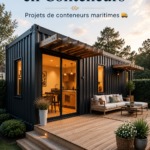 Container transformé en salon moderne dans un jardin