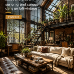 Un salon loft lumineux avec un grand canapé et de grandes fenêtres.