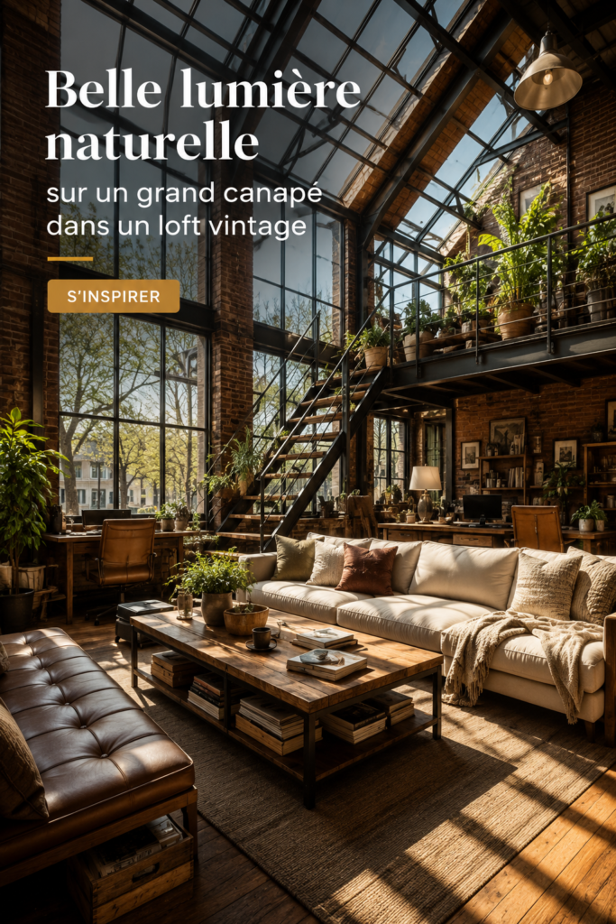 Un salon loft lumineux avec un grand canapé et de grandes fenêtres.