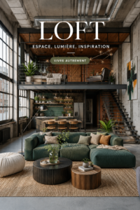 Un espace loft moderne avec des matériaux bruts et une décoration chaleureuse.