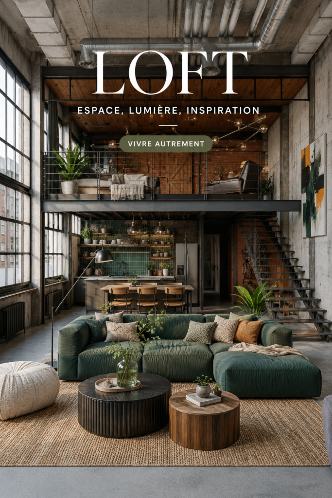Un espace loft moderne avec des matériaux bruts et une décoration chaleureuse.