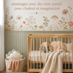 Une chambre d'enfant aménagée avec des couleurs pastel chaudes et des meubles modernes.