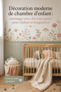 Une chambre d'enfant aménagée avec des couleurs pastel chaudes et des meubles modernes.