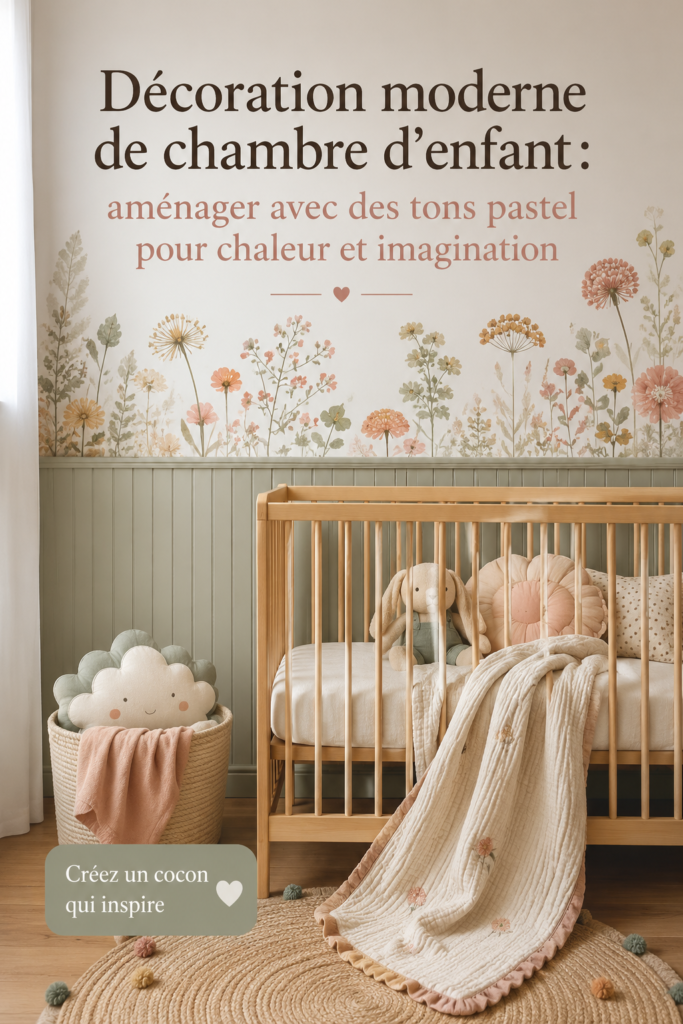 Une chambre d'enfant aménagée avec des couleurs pastel chaudes et des meubles modernes.