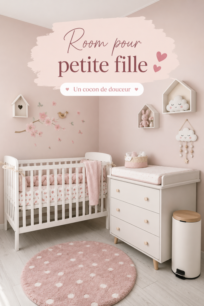 Chambre d'enfant joliment aménagée avec des couleurs douces et un décor enfantin