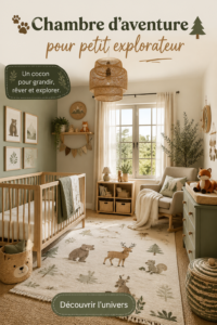 Chambre d'enfant décorée sur le thème de l'aventure avec des éléments naturels et des couleurs douces.