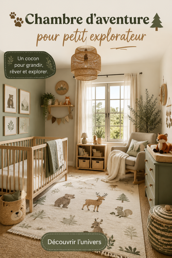 Chambre d'enfant décorée sur le thème de l'aventure avec des éléments naturels et des couleurs douces.