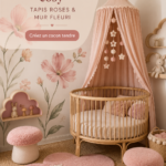 Chambre de bébé cosy avec tapis rose et décoration florale.