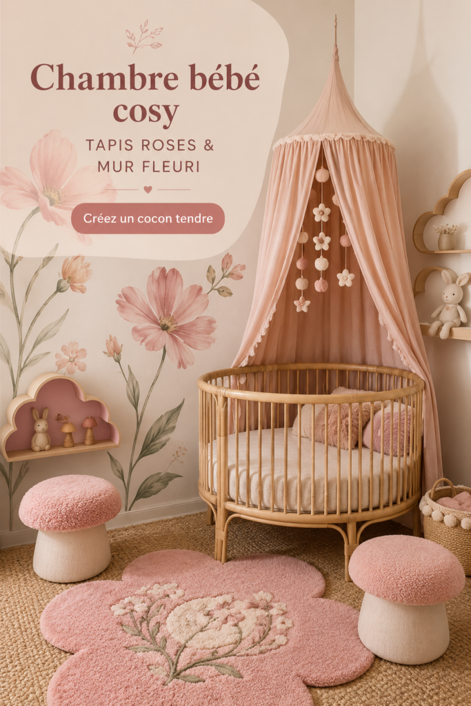 Chambre de bébé cosy avec tapis rose et décoration florale.