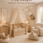 Chambre bébé cosy avec des teintes douces et douillettes, créant une ambiance apaisante.